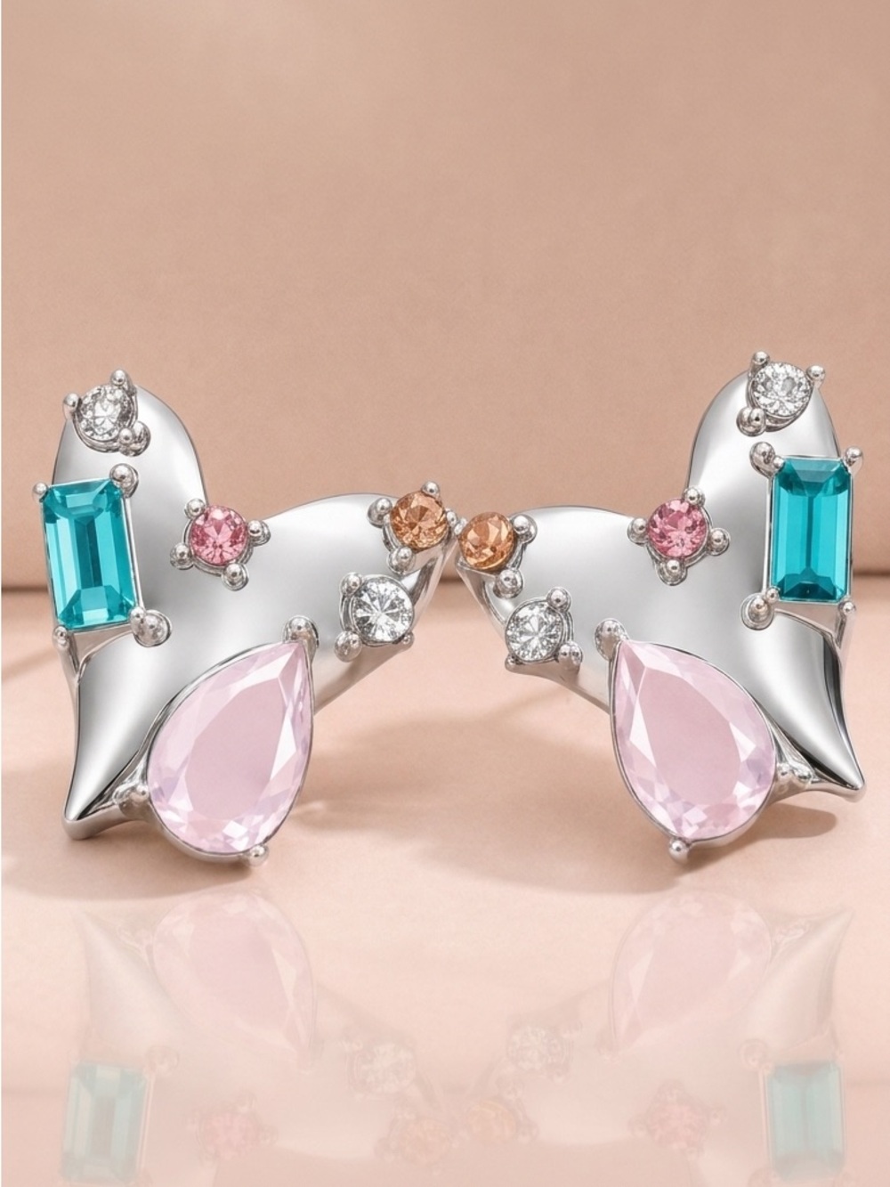 “Teardrop Heart” Pastel Crystal Rhinestone Gemstone Encrusted Silver Post Studs